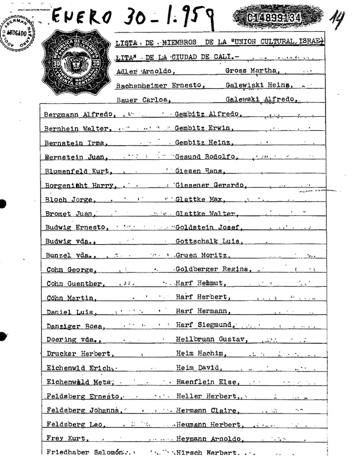 Primera página de la lista histórica de miembros de la Unión Cultural Israelita, enero de 1959